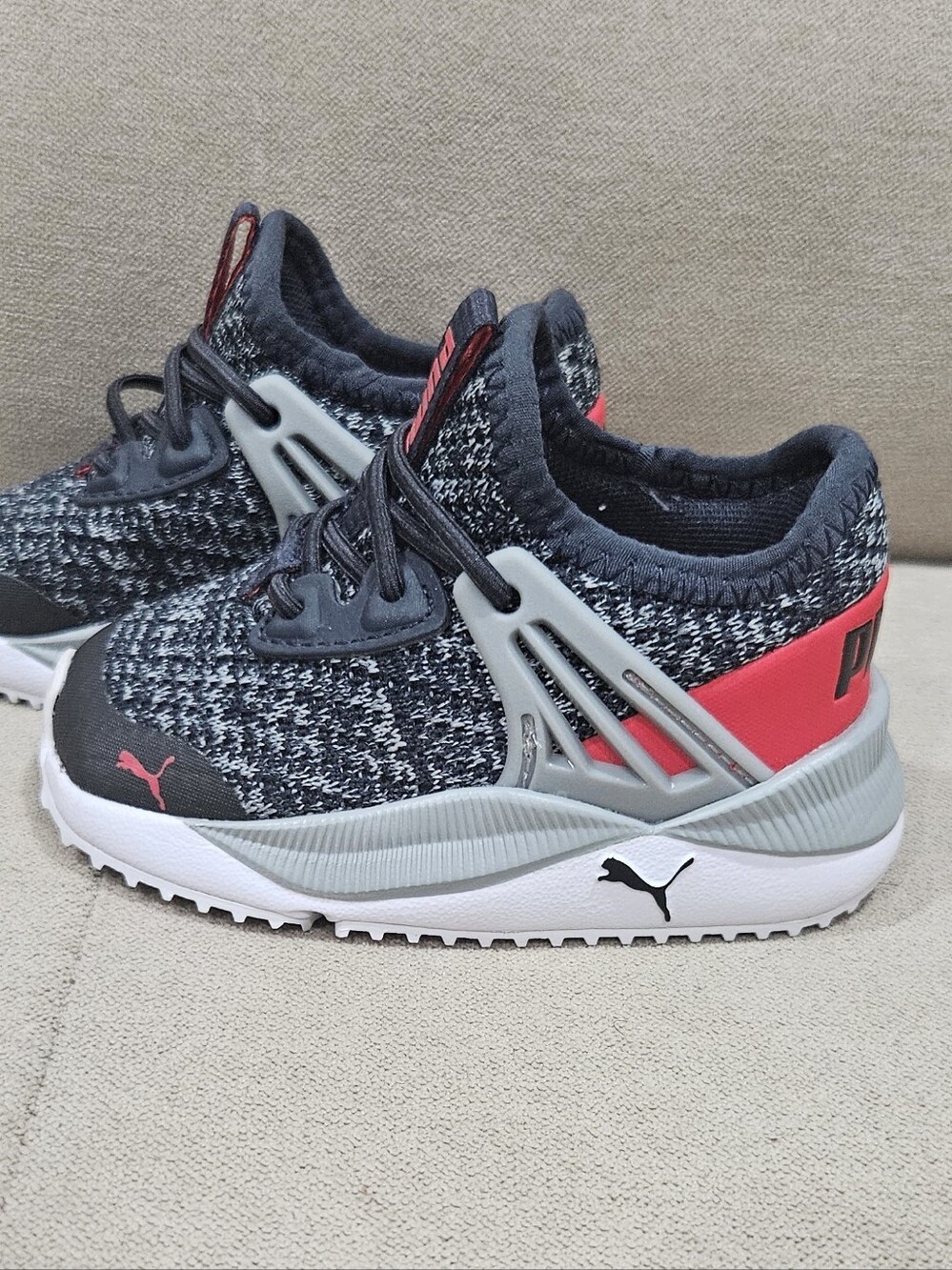Puma Kids Grey Knit Sneakers with Pink Accent